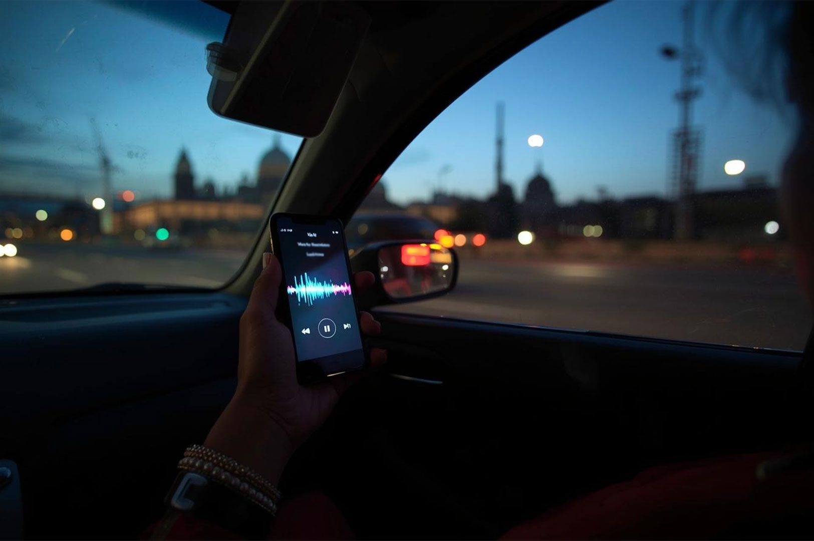 A passenger inside a car holding a mobile phone playing music with an audio visualizer on screen, looking out at a city skyline and street lights during twilight.