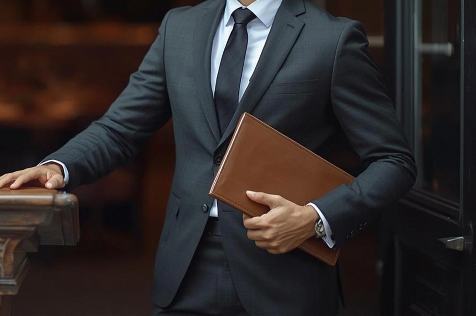 Close-up of a restaurant manager in a charcoal gray suit and black tie holding a premium leather-bound menu folder.