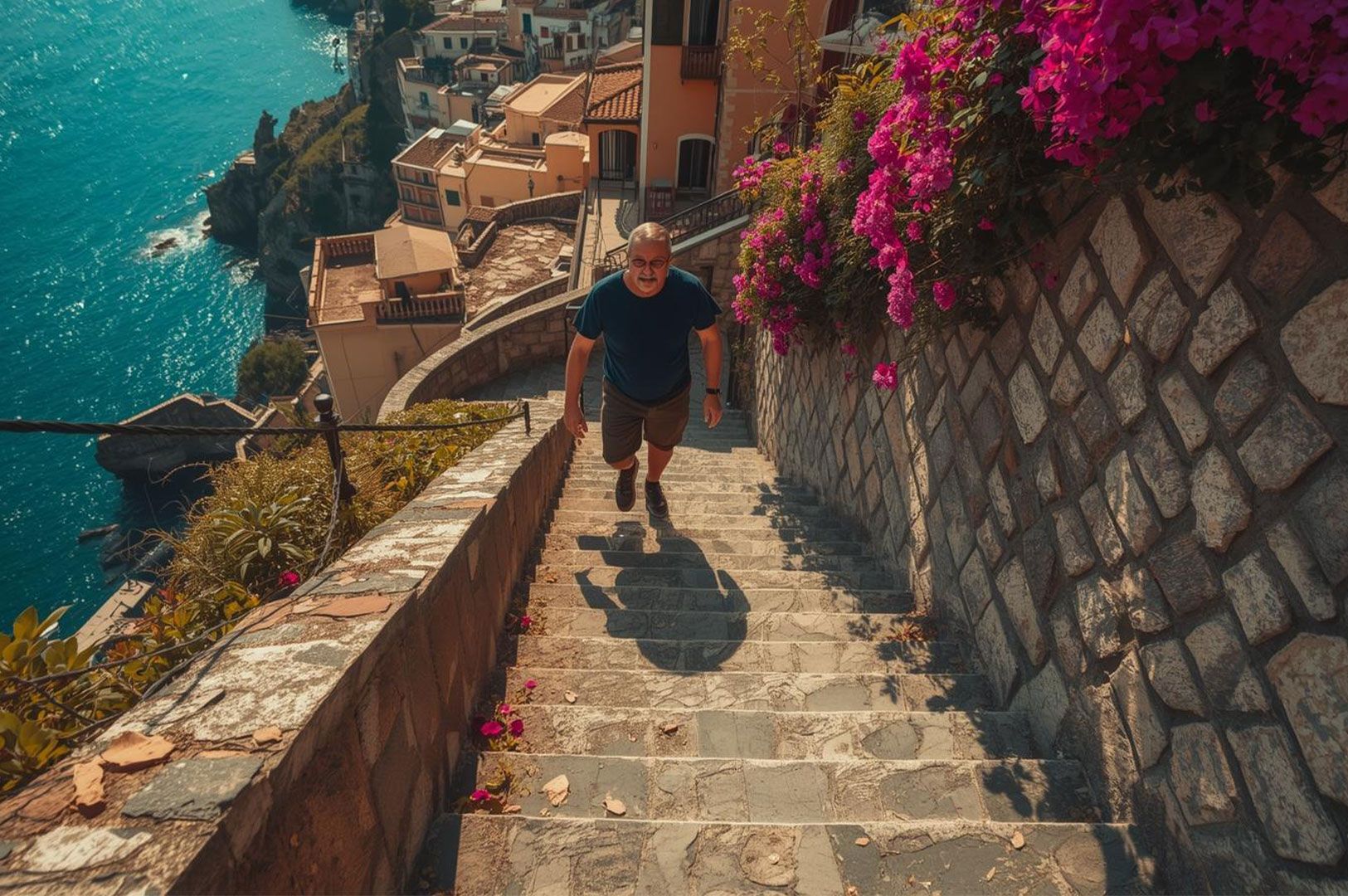 A smiling man walking up a steep, sunlit, terraced stone stairway lined with bougainvillea and a stone wall overlooking the Italian coast.