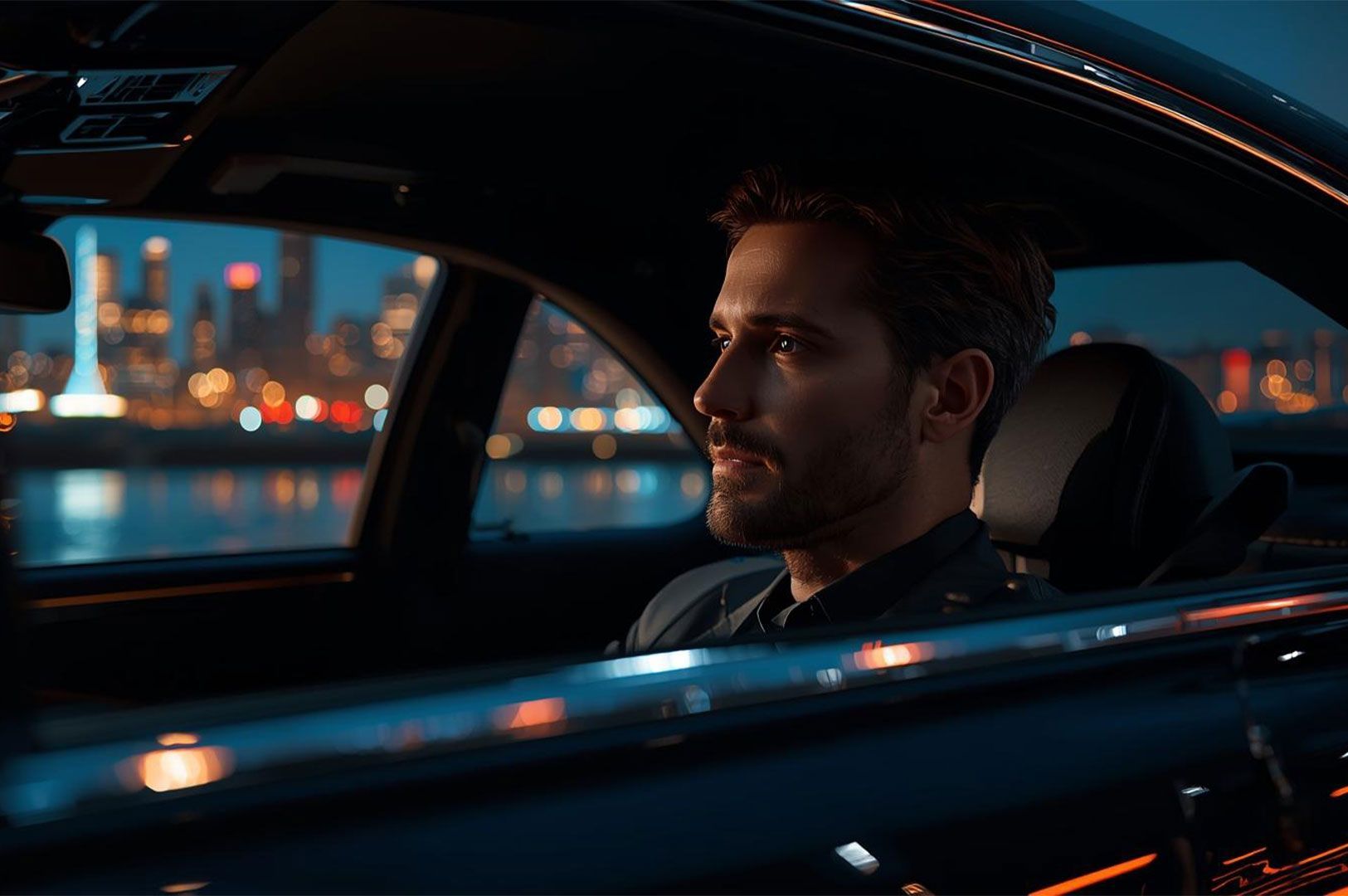 Handsome man driving a luxury car at night, viewed from the side, with the brightly blurred lights of a metropolitan skyline reflected on the glass.