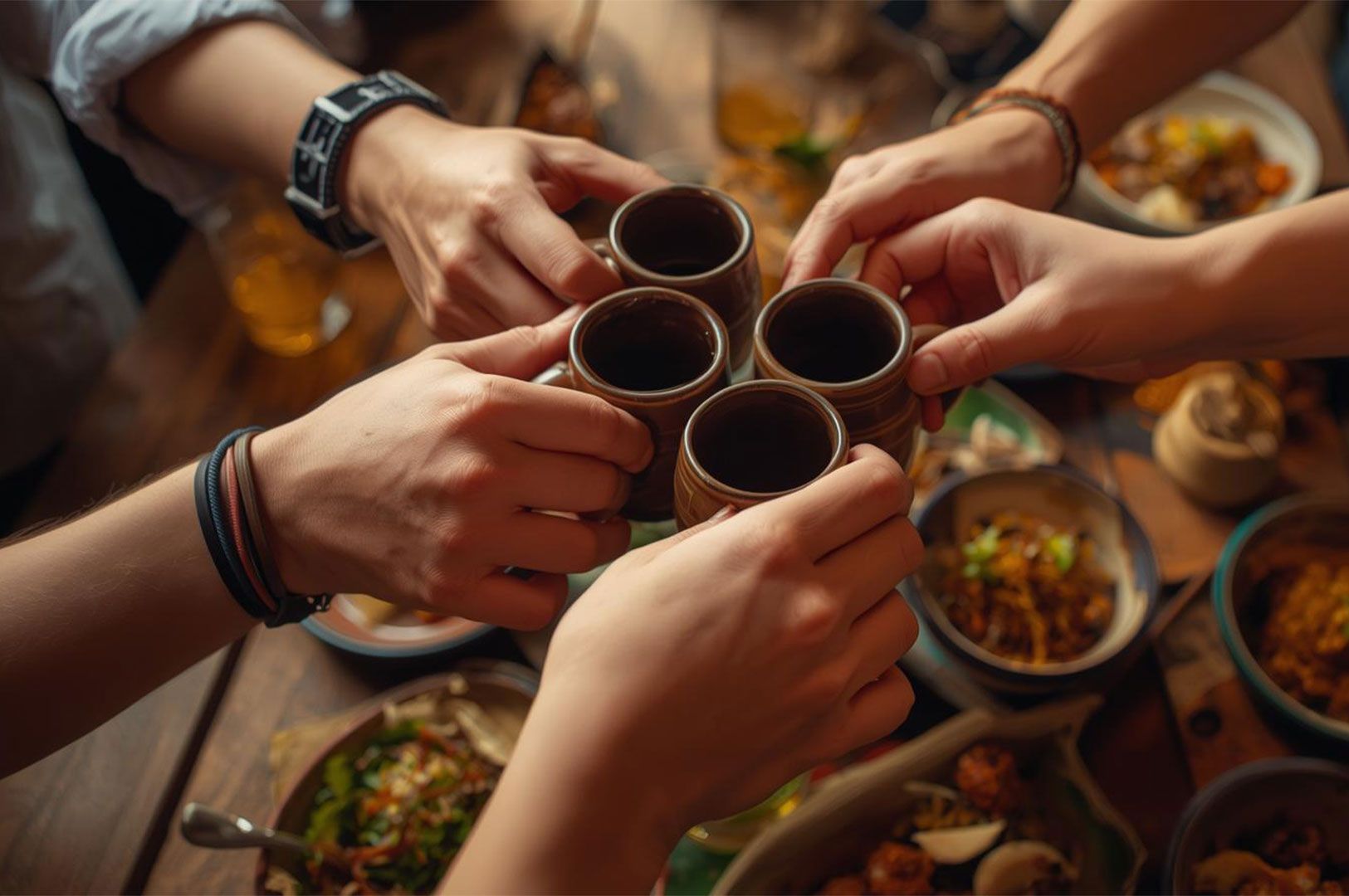 A tight, overhead shot of multiple hands clinking four small, rustic ceramic shot glasses in a toast, surrounded by various small bowls of Asian tapas or side dishes.