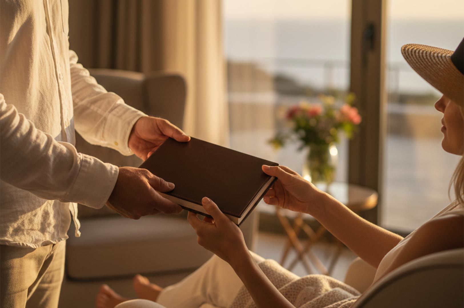 Close-up of a butler in a white shirt handing a premium brown leather-bound book or menu to a guest seated in a sunlit room by the sea.