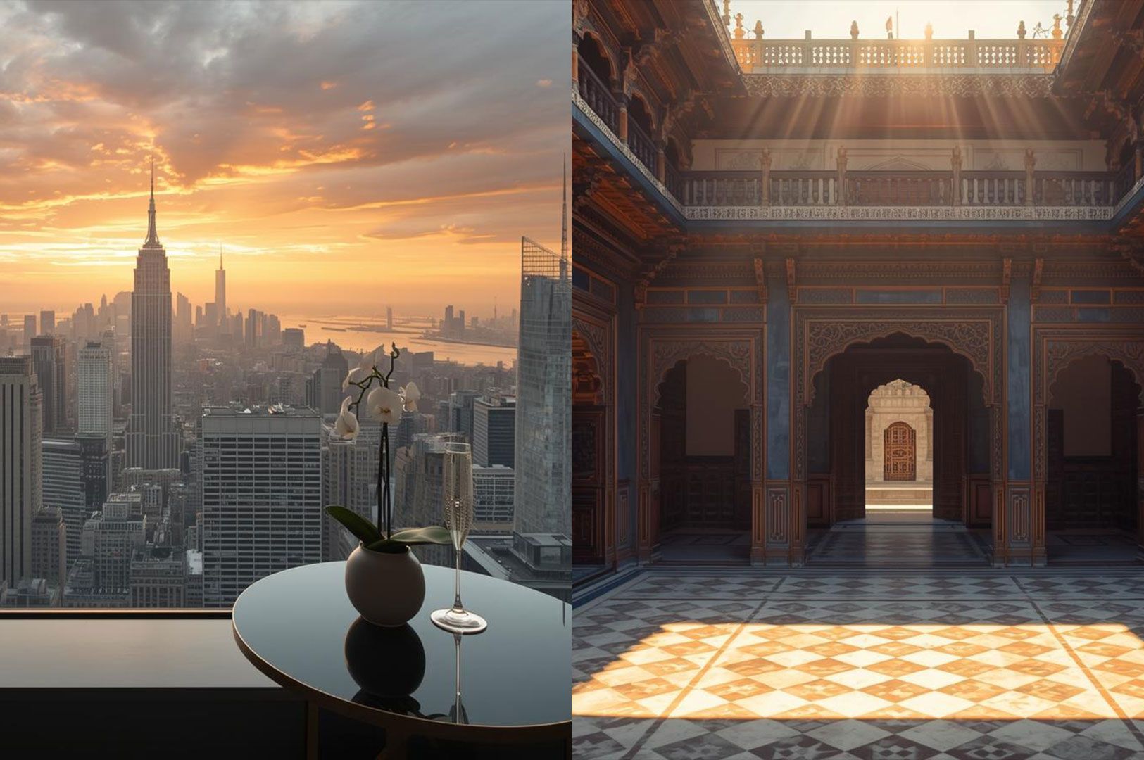 A split image featuring a sunset view of the New York City skyline with a glass of champagne on the left, and the sunlit interior of an ornate historic palace with intricate archways and tiled floors on the right.