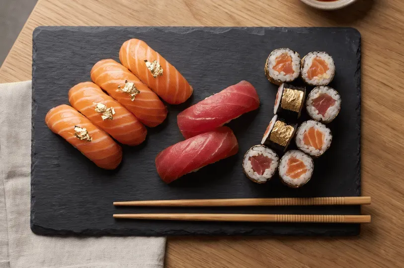 A top-down view of a dark slate platter presenting an elegant assortment of sushi, including four pieces of salmon nigiri topped with delicate gold leaf, two ruby-red tuna nigiri, and several maki rolls—some wrapped in shimmering gold foil—arranged neatly next to a pair of wooden chopsticks.