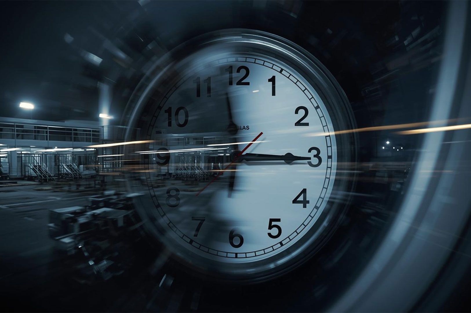A close-up shot of a wall clock face with its hands blurred due to motion, set against a dark, blurry background of an airport or transit hub, visually representing time travel or jet lag.