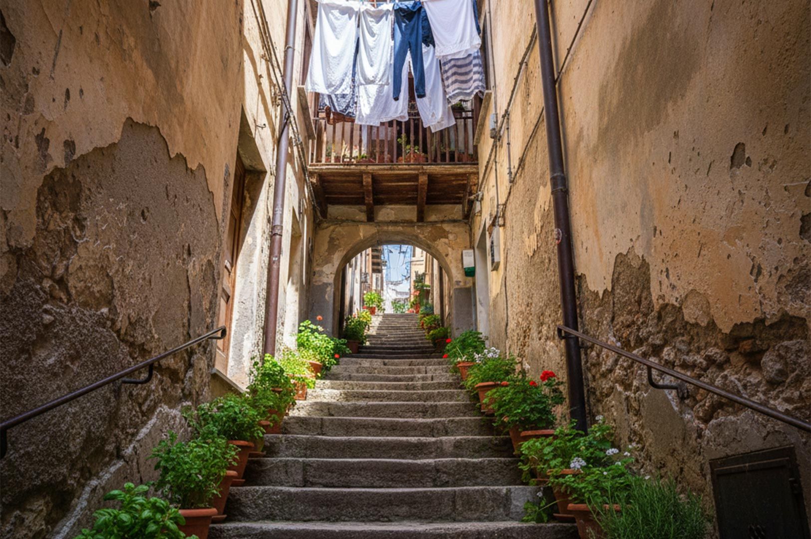 A narrow, historic Italian alleyway with stone steps lined with potted green plants and laundry hanging across the buildings overhead.