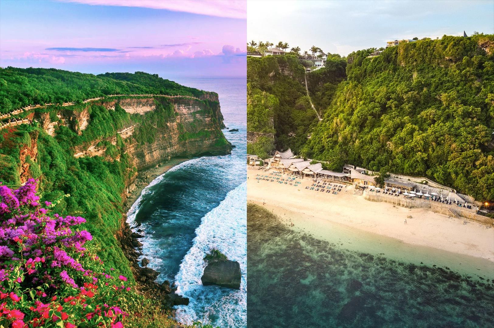A split-view landscape showing the lush green cliffs of Uluwatu on the left and a white sandy beach with turquoise water on the right.