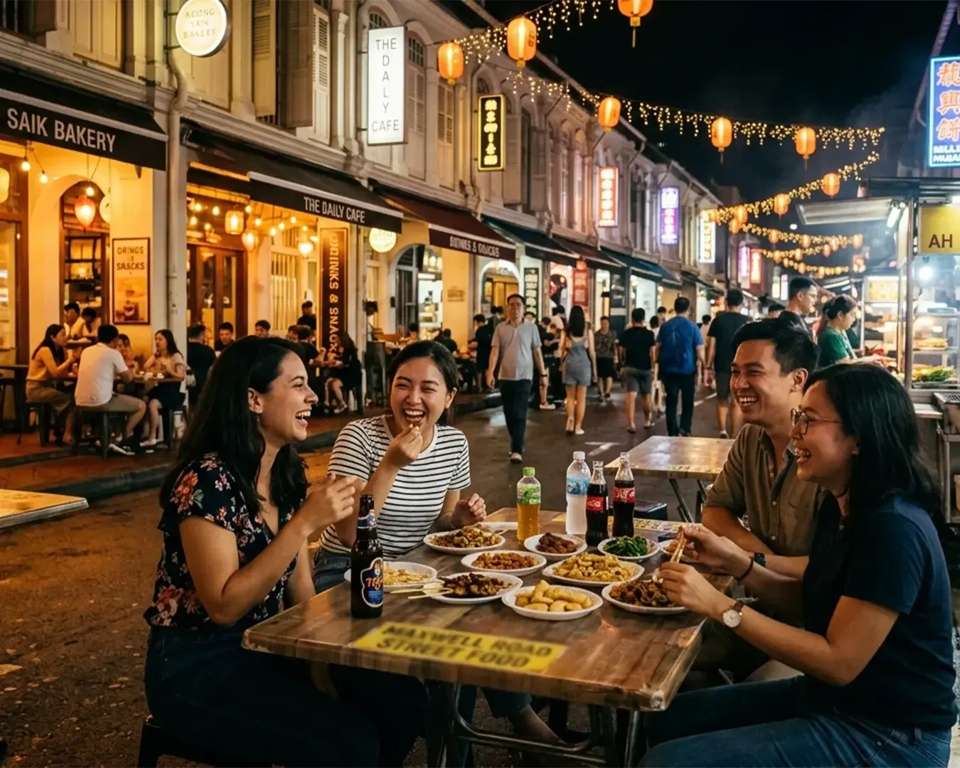 A vibrant hawker street in Singapore filled with food stalls under bright lights, with people dining at shared tables. Steam rises from freshly cooked dishes, and the scene captures the energy and diversity of local street food culture.