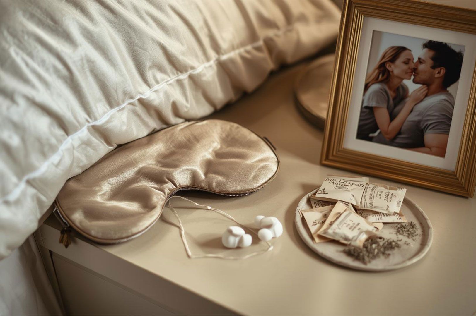Close-up of a cozy nightstand featuring a satin sleep mask, wireless earbuds, sleep aid packets, and a framed photo of a couple kissing, next to a bed.