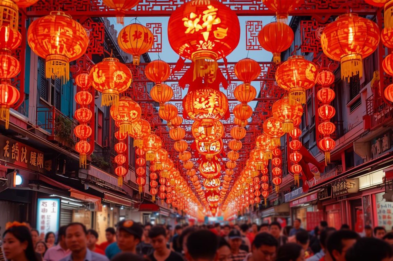 A crowded street market illuminated by a dense canopy of glowing red Chinese lanterns featuring golden calligraphy, creating a festive Lunar New Year atmosphere.