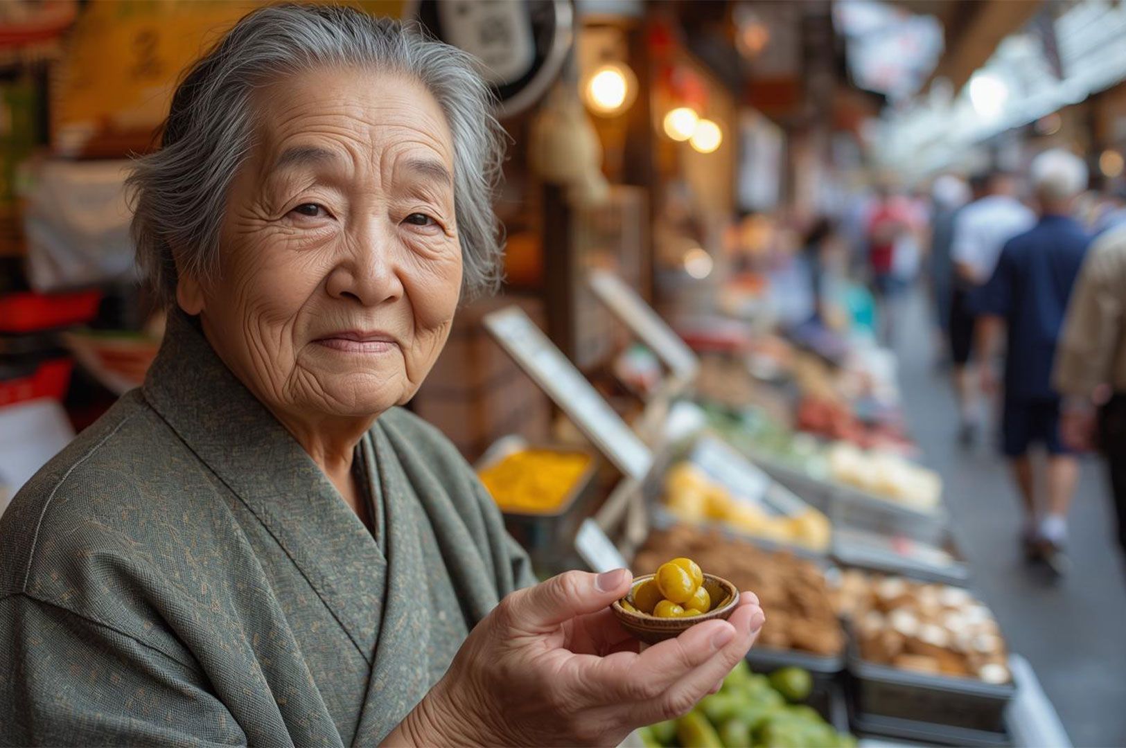 Close-up of a smiling elderly Japanese woman in traditional clothing holding a tiny bowl of yellow pickled plums or vegetables at a bustling outdoor market in Kyoto.