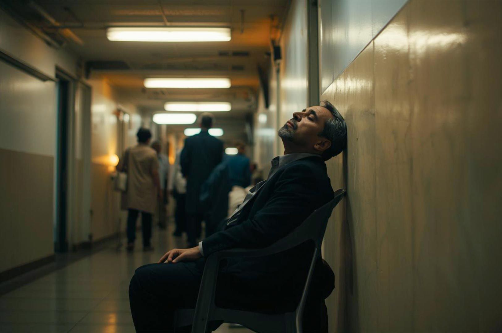 A tired middle-aged man in a suit sleeping in a plastic chair in a dimly lit hospital hallway while leaning against the wall, depicting waiting room exhaustion.