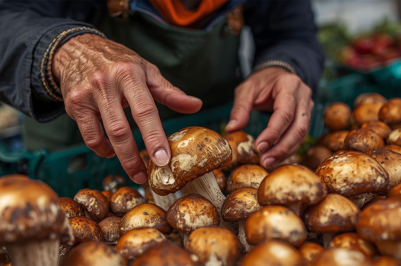 Close-up of a farmer or vendor's hands selecting large, fresh brown mushrooms (likely shiitake or similar) at a market stall.