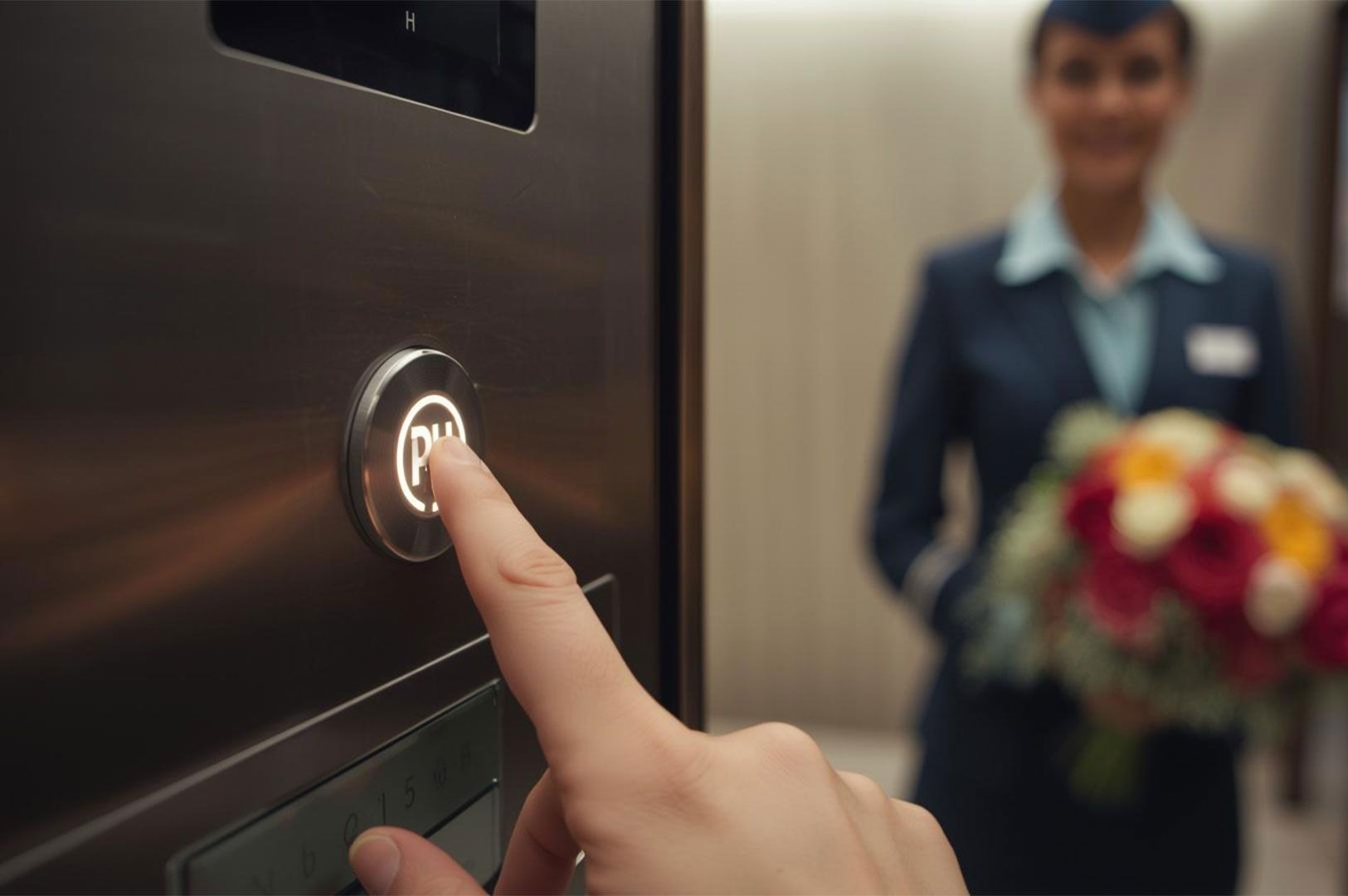 A close-up of a finger pressing the illuminated 