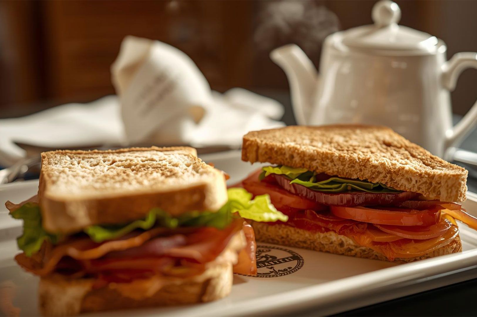 Two upscale bacon, lettuce, and tomato (BLT) sandwiches on whole-grain toast served on a white tray with a steaming white teapot in the background.