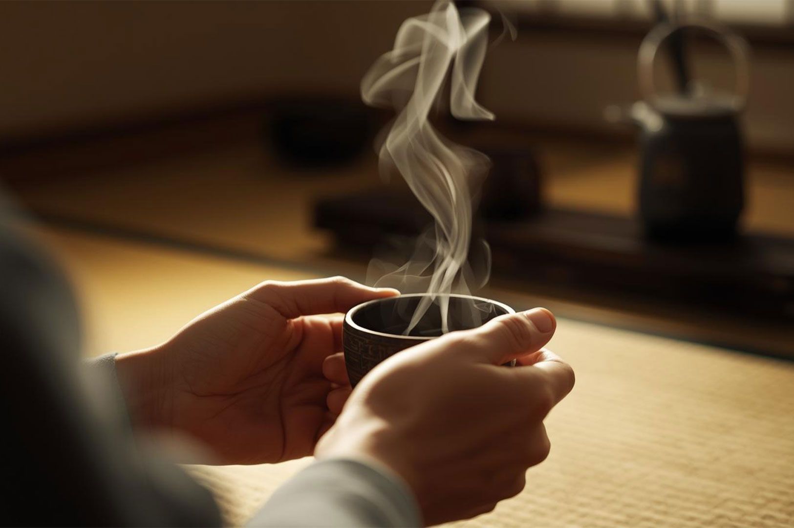 A close-up of hands gently cupping a small, dark ceramic bowl of steaming hot tea, set in a dimly lit, traditional Japanese room on a tatami mat.