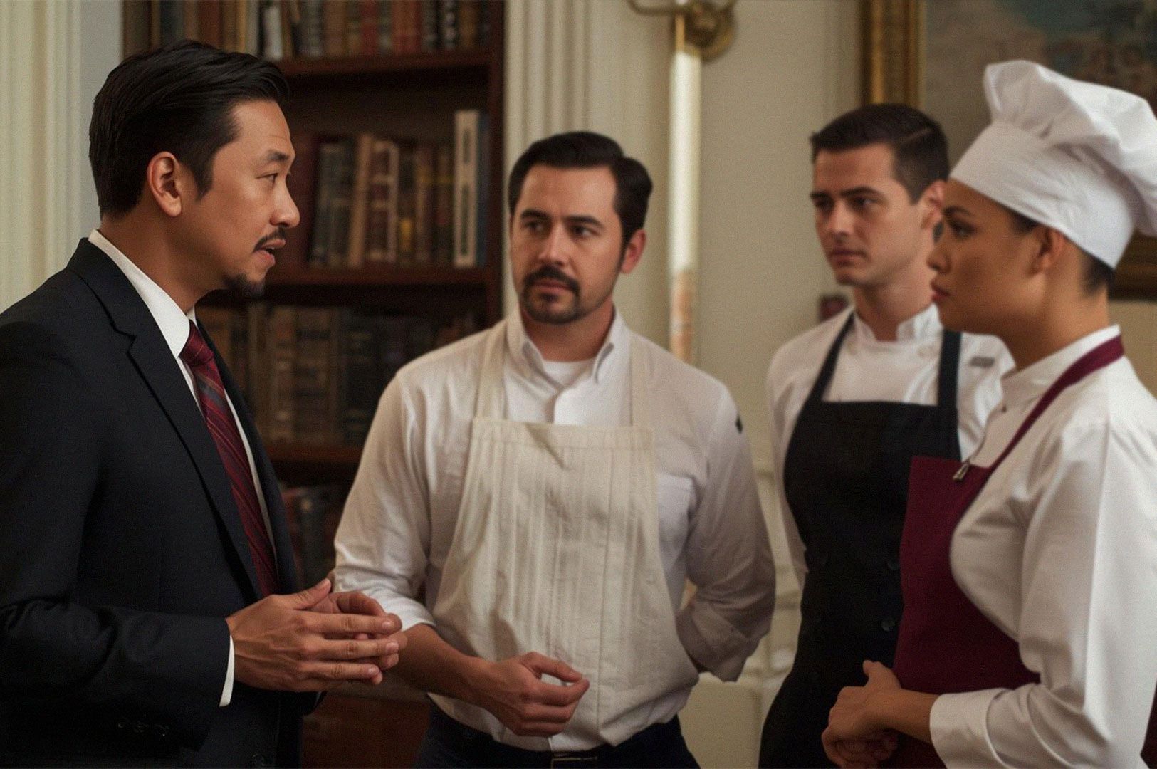 A hotel manager in a dark suit speaking seriously with the kitchen staff, including a chef in a white apron and two cooks in black aprons and a chef's hat, in a well-appointed room.