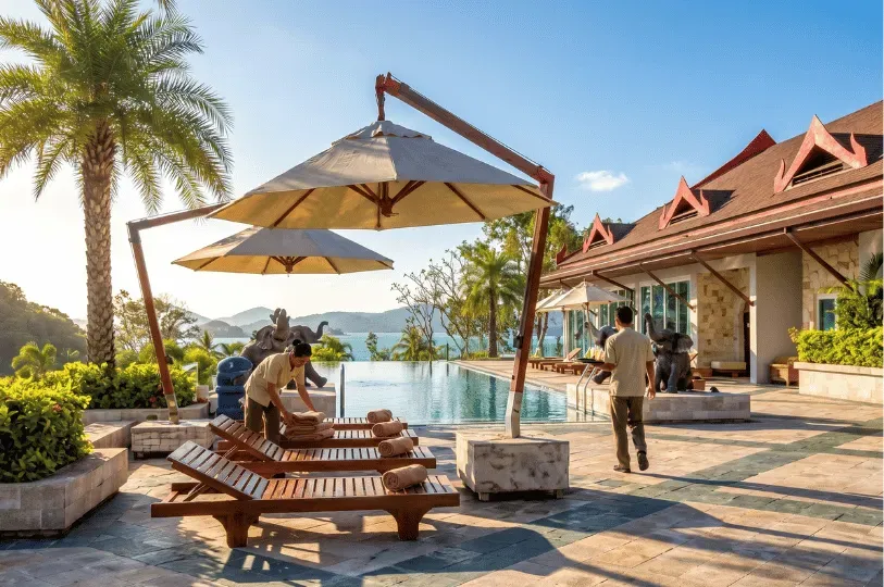 A resort staff member arranging fresh towels on wooden sun loungers by a pristine swimming pool, with patio umbrellas, decorative elephant statues, and the ocean in the background.