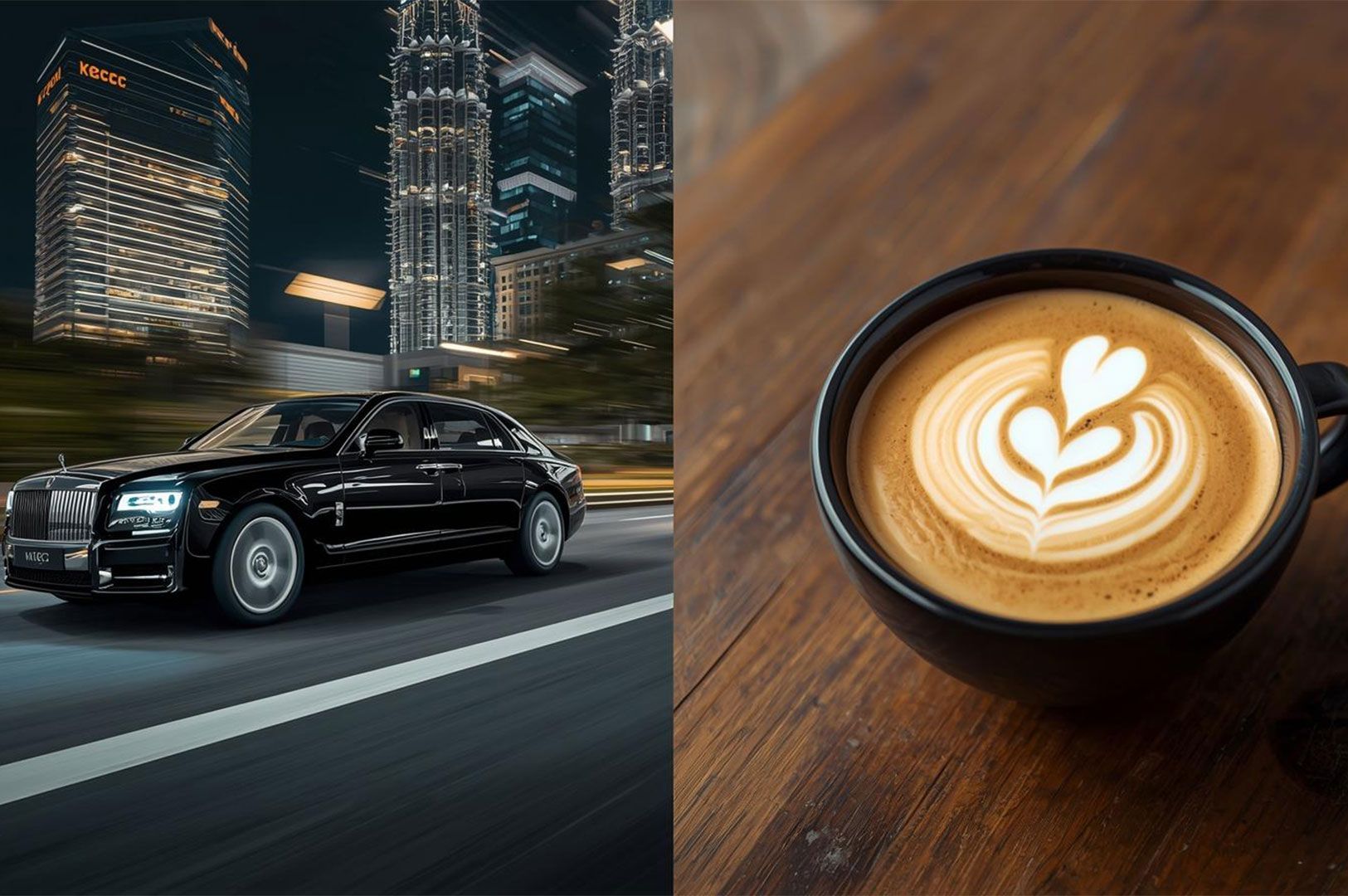 A split image showing a black luxury car driving past the Petronas Towers at night on the left, beside a top-down close-up of a coffee cup featuring heart-shaped latte art on a wooden table.