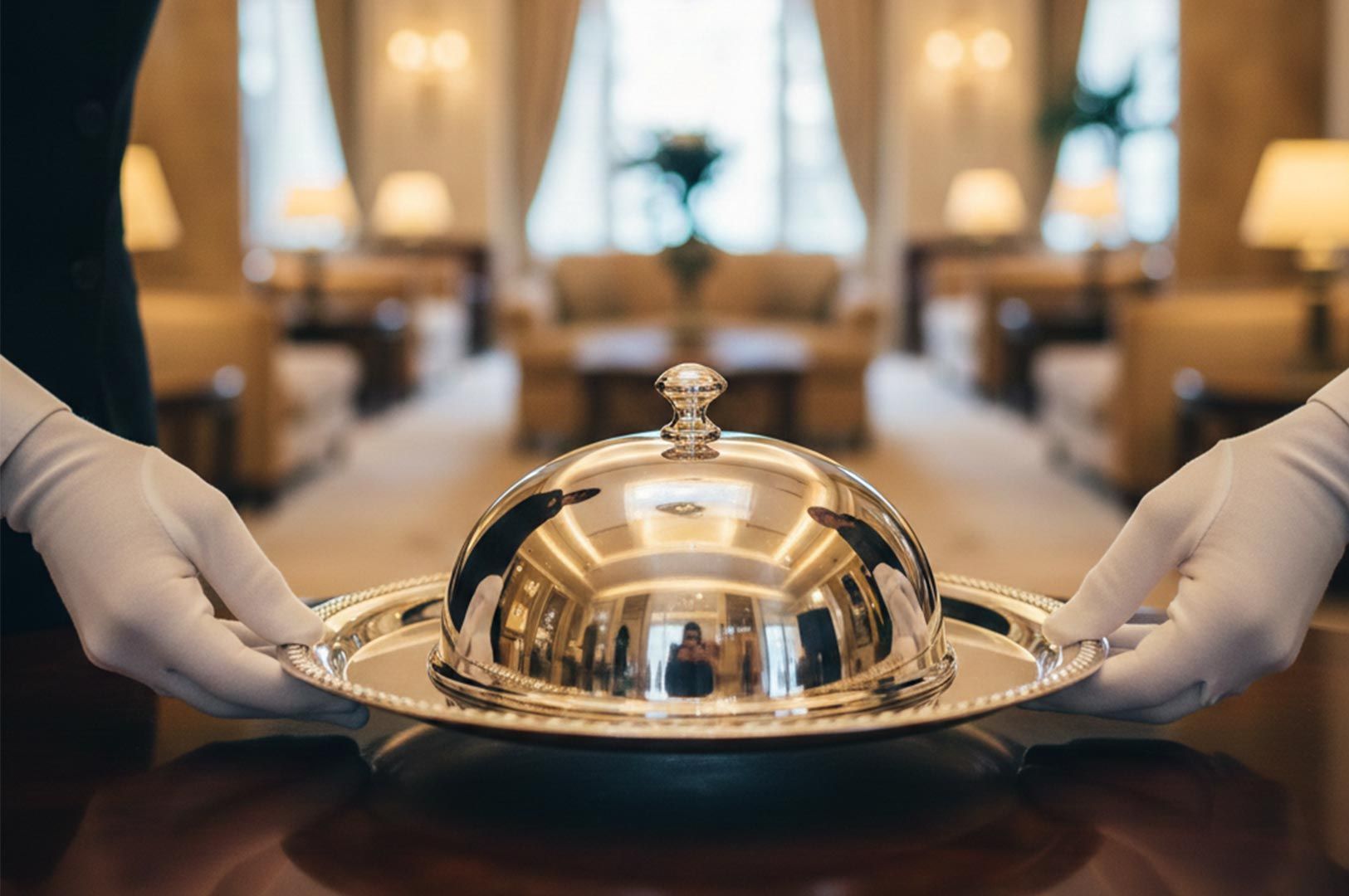 Hands in white gloves holding a polished silver cloche platter in a blurred luxury hotel lobby or restaurant setting.