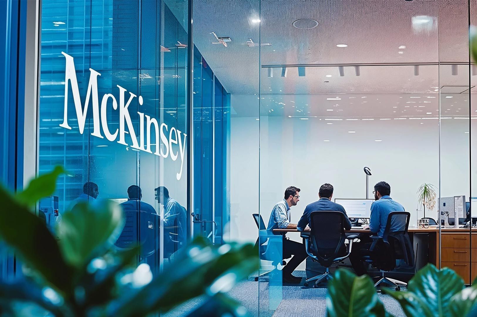 Modern corporate office interior, separated by a glass wall with the