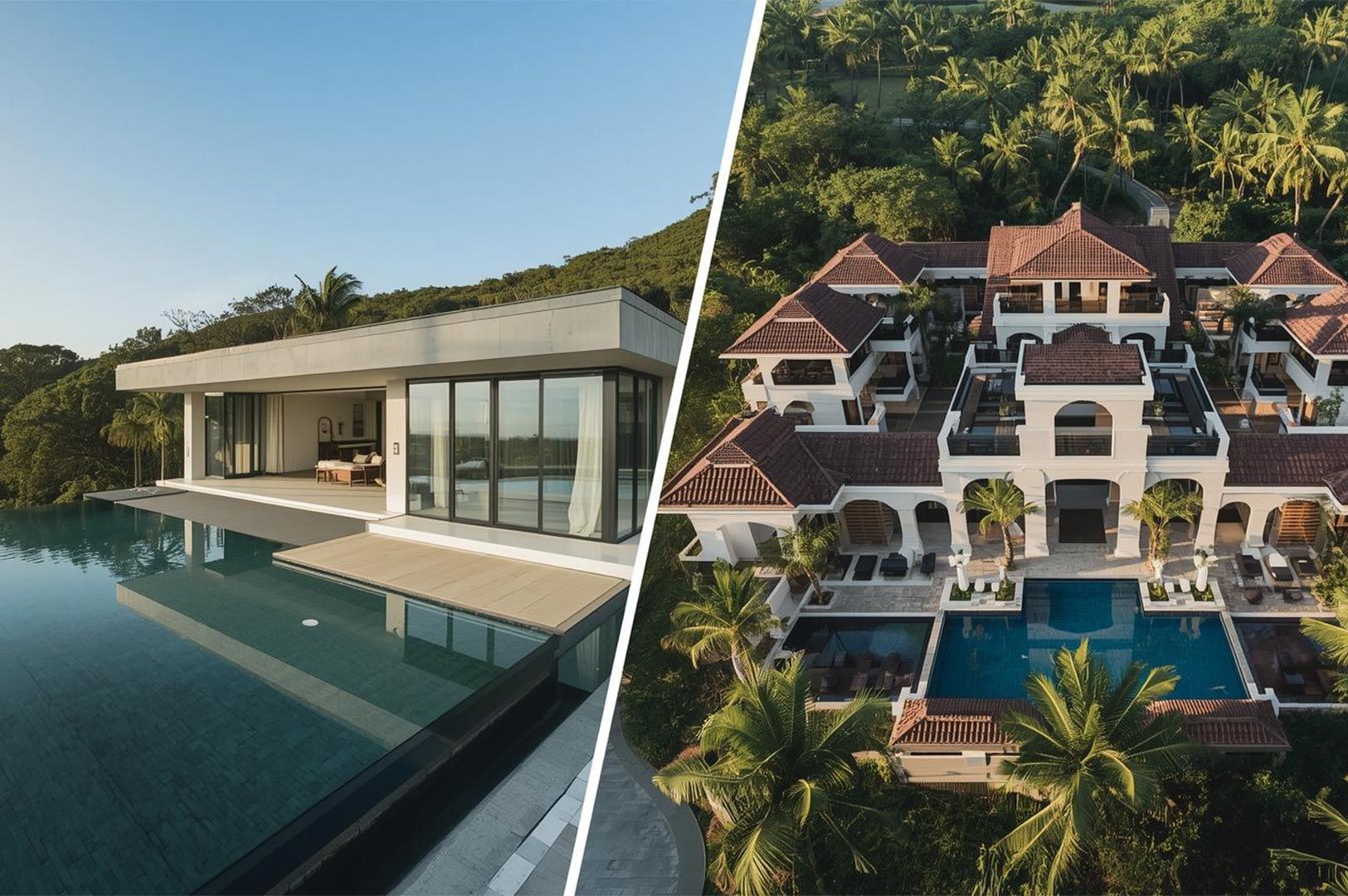 A comparison of two luxury Bali villas: one with sleek modern glass architecture and another with traditional Indonesian-inspired tiered roofing.