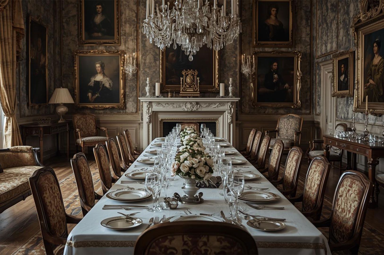 Lavish, long dining room set for a formal dinner, featuring a crystal chandelier, marble fireplace, portrait paintings, and antique wallpaper.