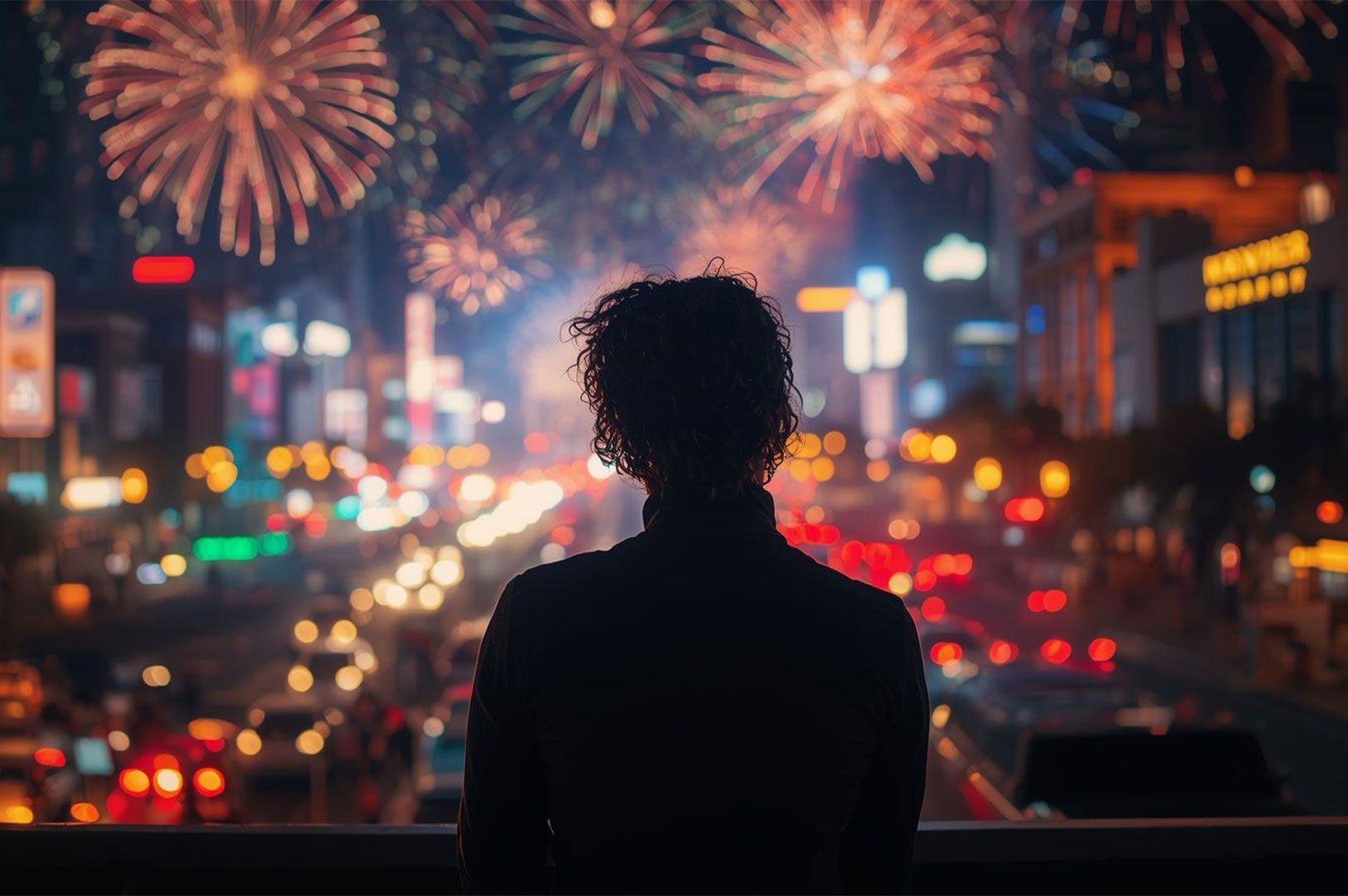 View from behind of a person watching a fireworks display above a busy city street at night, with blurred car headlights and streetlights creating a vibrant, colorful bokeh effect below.