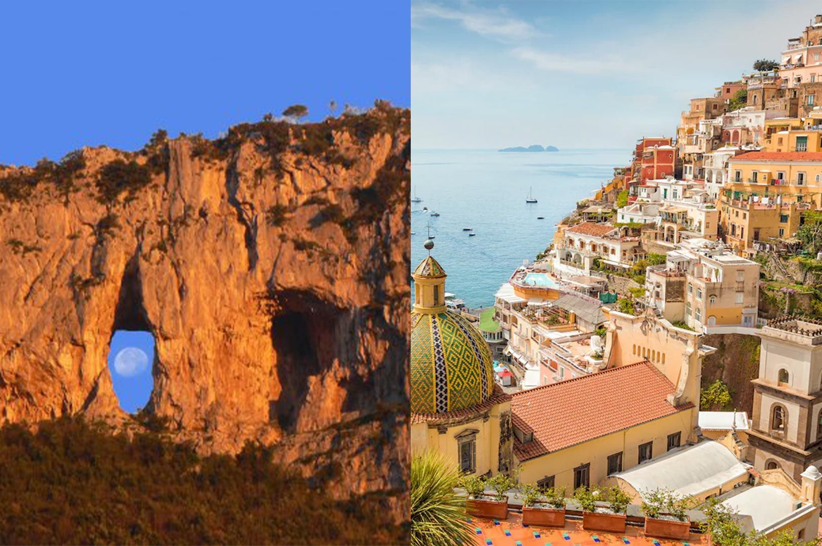 A split image showing the moon through the Arco Naturale rock formation on Capri and the colorful hillside buildings of Positano overlooking the sea.
