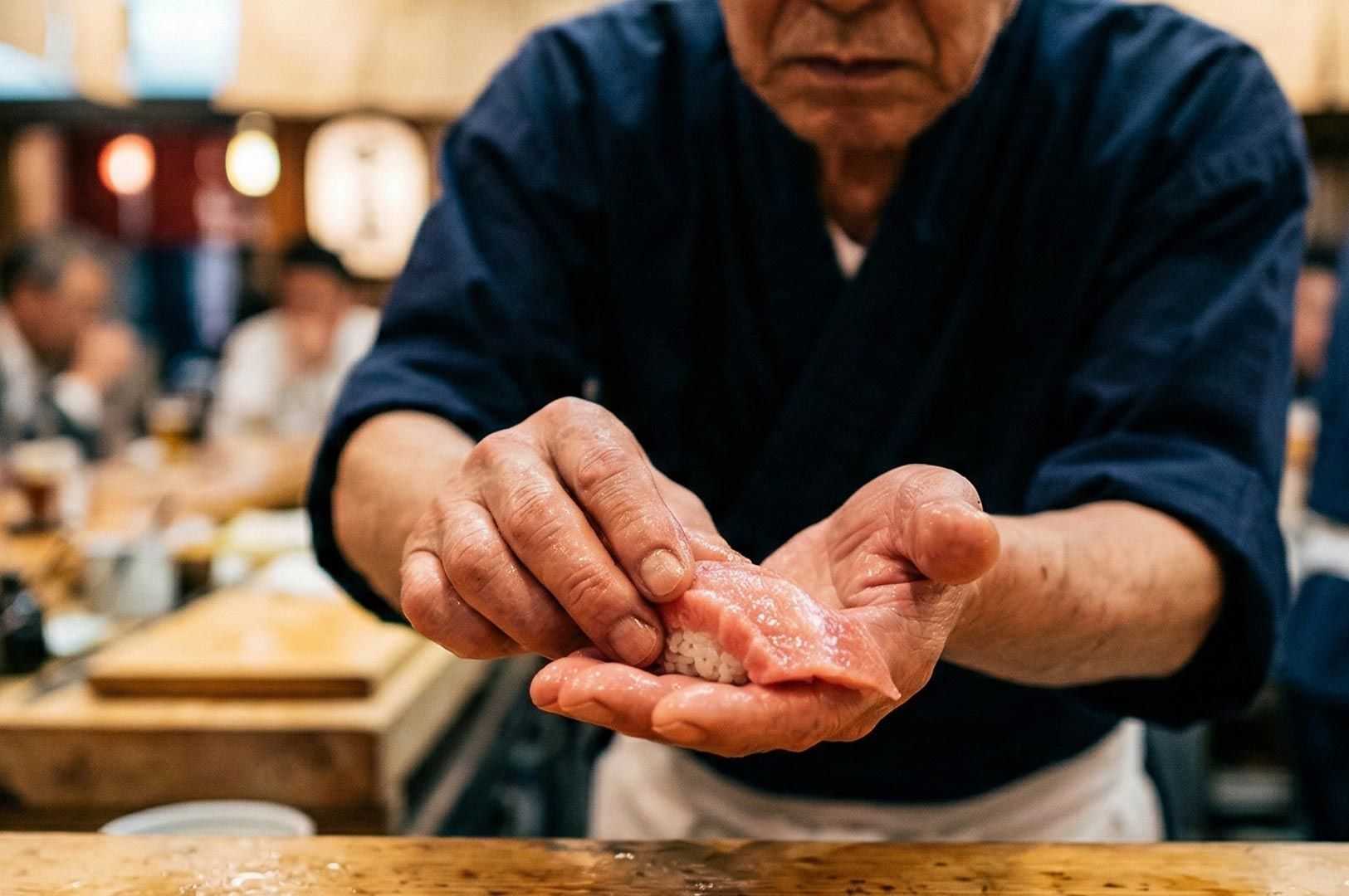 A professional sushi chef expertly shaping a piece of otoro (fatty tuna) nigiri by hand over a wooden traditional sushi counter.