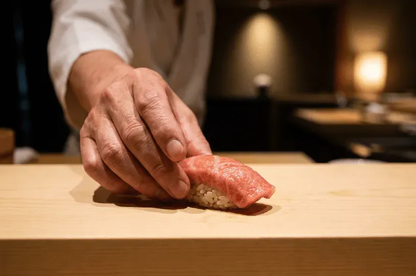 A close-up shot of a sushi chef's hand gently placing a single, meticulously crafted piece of highly marbled, pink fatty tuna (otoro) nigiri onto a pristine, light wood serving counter, highlighting the delicate texture of the fish.