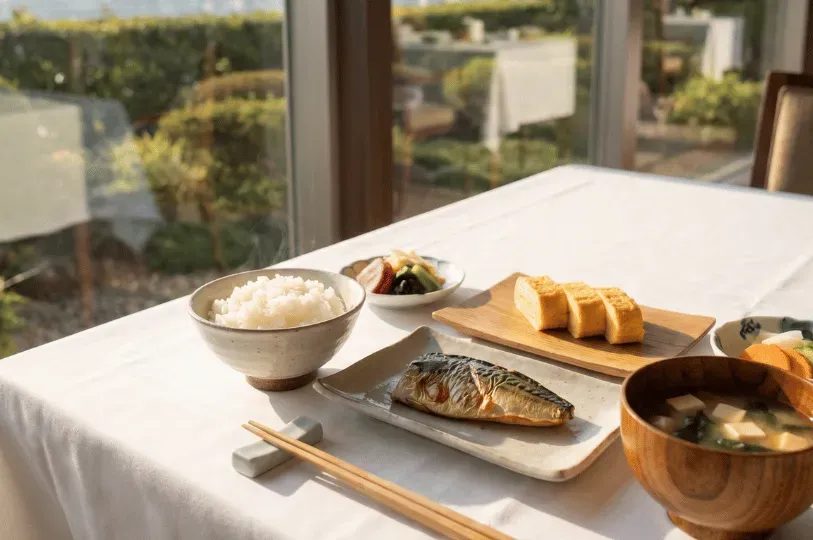 A traditional Japanese breakfast set on a white tablecloth next to a window overlooking a garden, featuring a bowl of white rice, grilled mackerel, tamagoyaki (rolled omelet), miso soup, and pickled vegetables.