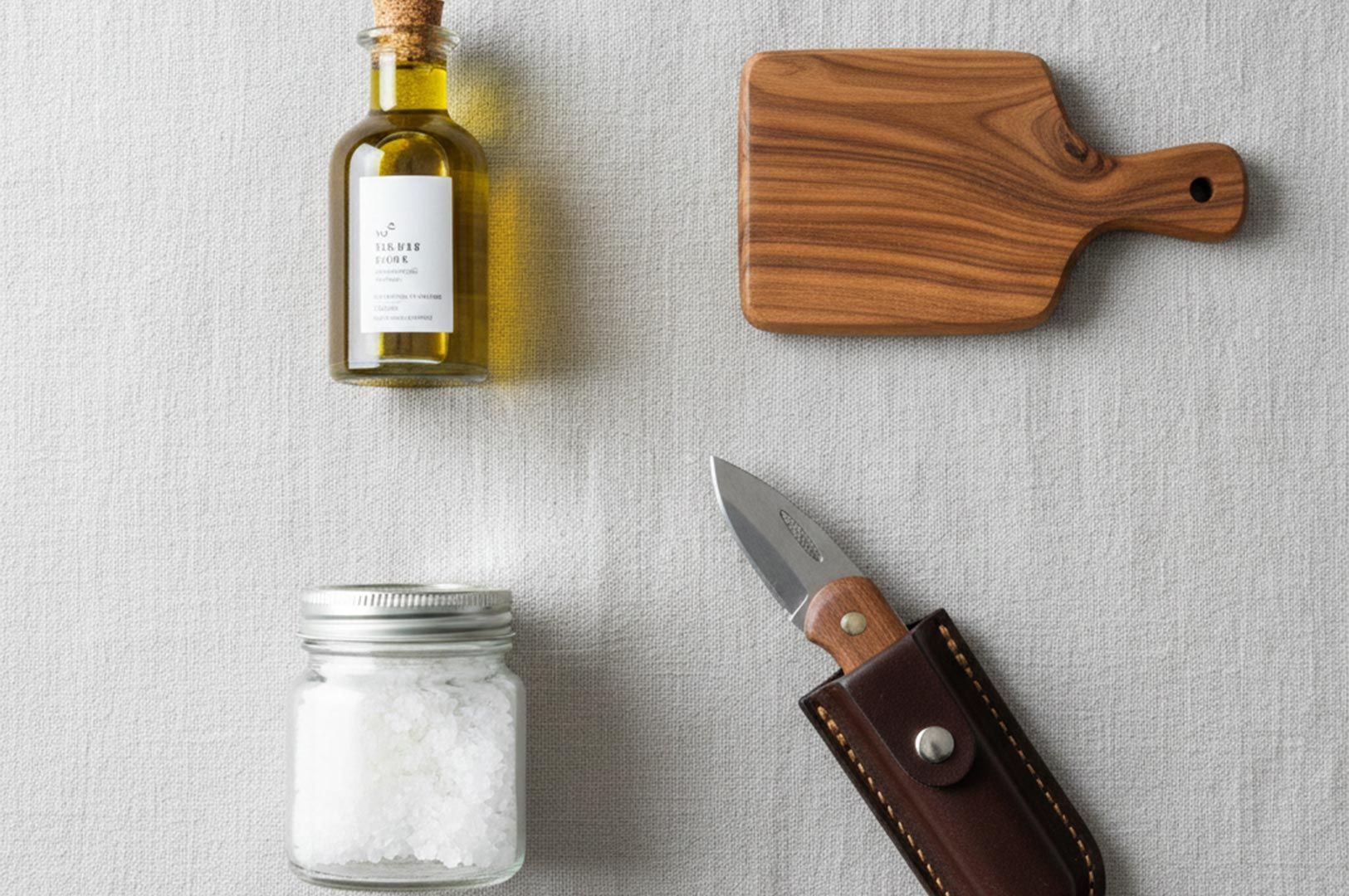 A minimalist flat lay on linen fabric featuring a small bottle of olive oil, a jar of sea salt, a small wooden cutting board, and a pocket knife in a leather sheath.