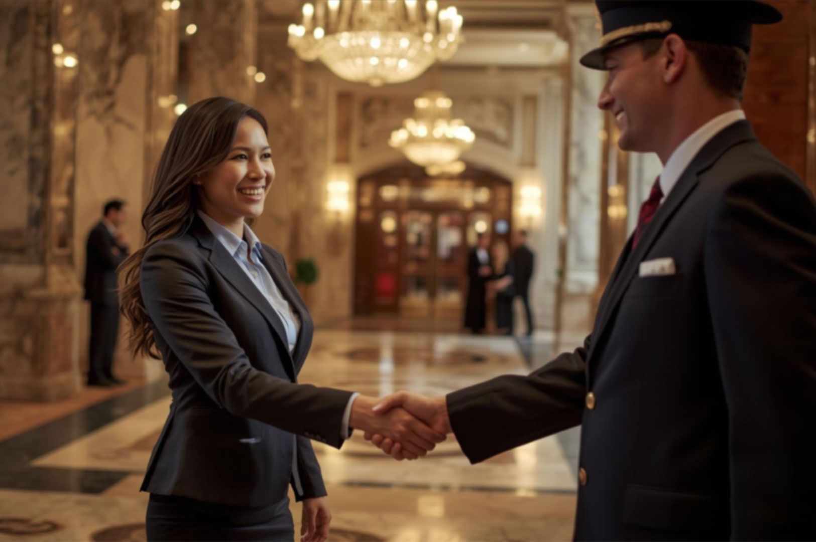 A smiling businesswoman shaking hands with a uniformed staff member or pilot inside a luxurious hotel lobby adorned with crystal chandeliers.