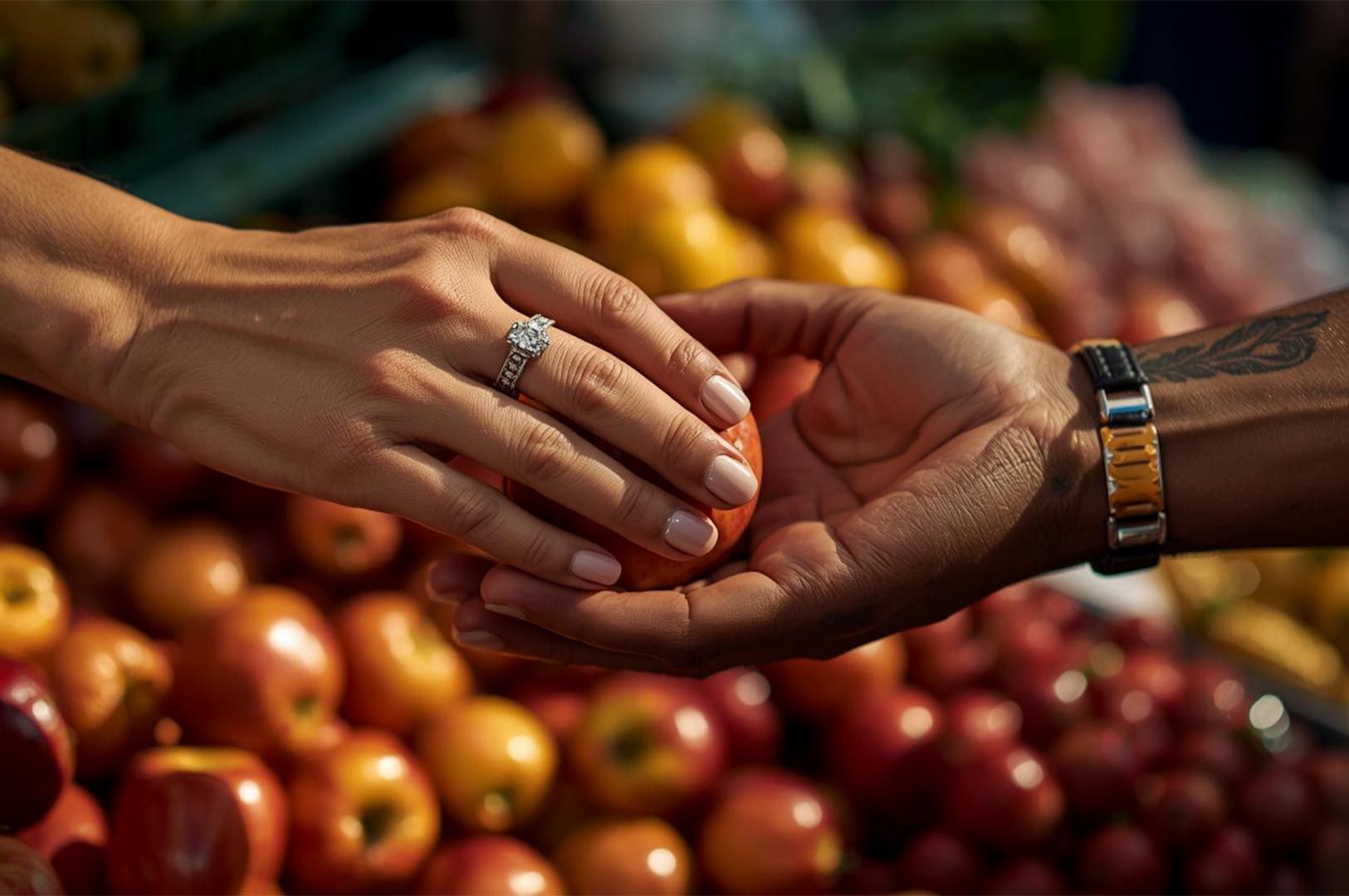 Close-up of a woman's hand wearing a diamond engagement ring handing a fresh red apple to a man's hand at a fruit market stall.