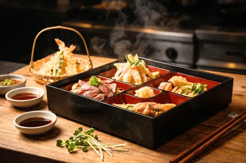 Steaming hot, premium Japanese delicacies elegantly presented in a multi-compartment lacquer bento box alongside dipping sauces and tempura on a wooden chef's counter.