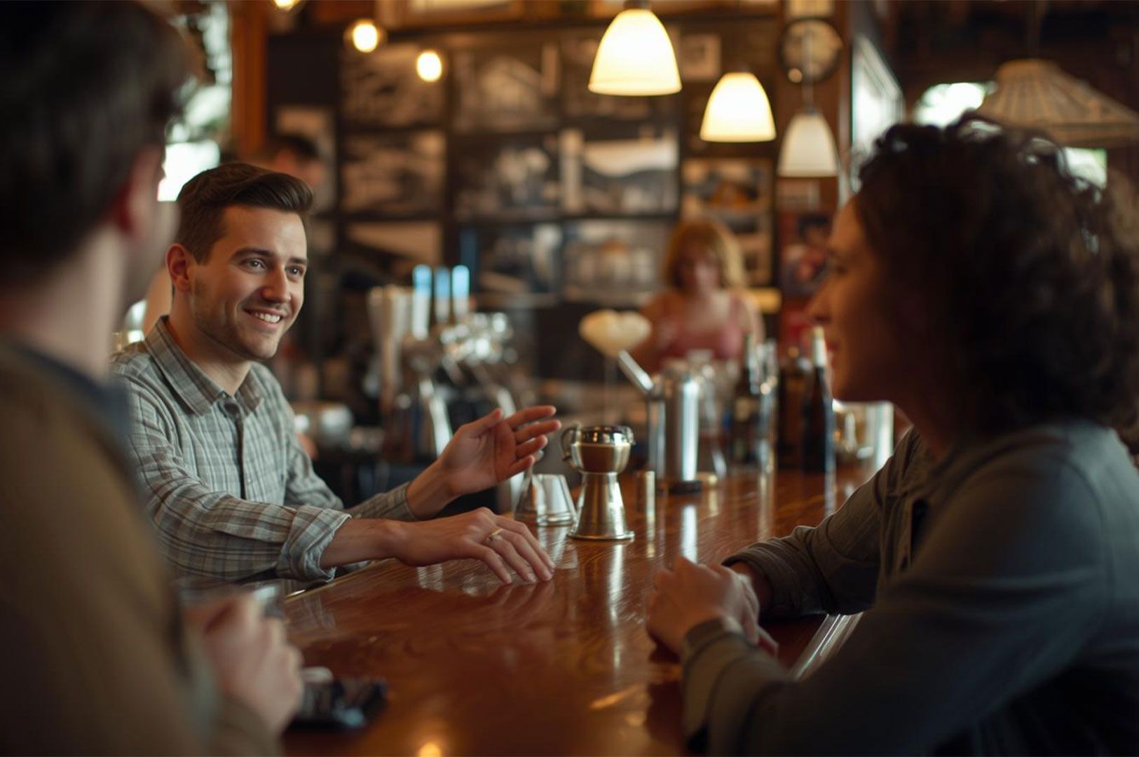 A man smiles while talking to a woman across a dark, wooden bar counter in a dimly lit, cozy cafe or bar setting.
