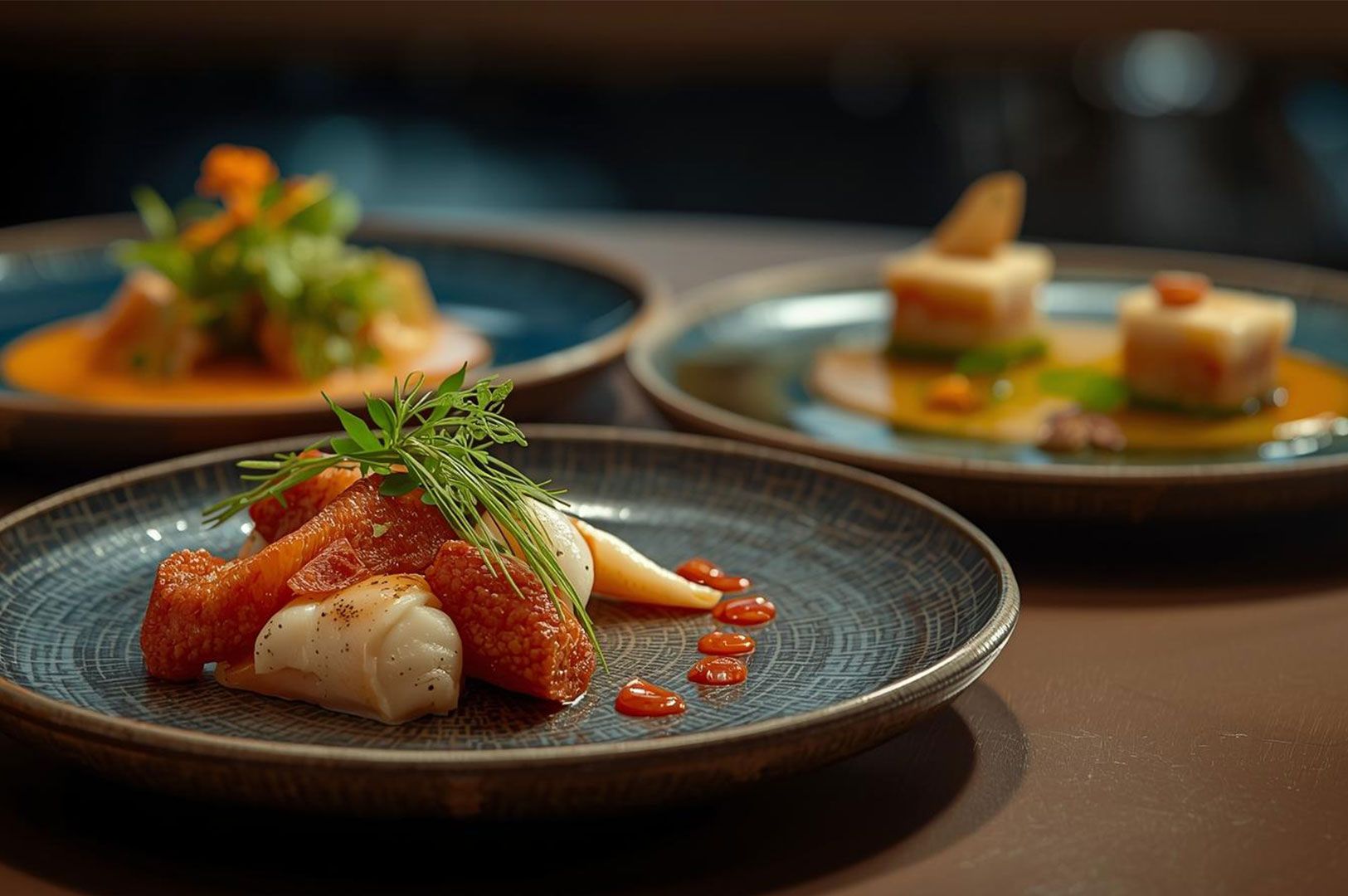 A sophisticatedly plated appetizer featuring pieces of white seafood (likely calamari or squid) and red, textured morsels (likely fish roe or similar preparation), garnished with dill, and drops of red sauce on a patterned dark blue plate.