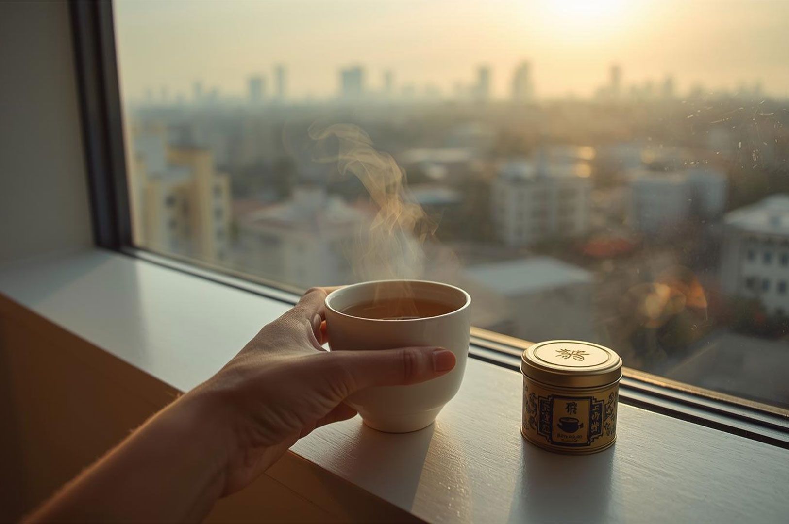 A hand holding a white, steaming tea cup resting on a sunlit windowsill, overlooking a hazy metropolitan skyline and residential buildings during sunrise or sunset.