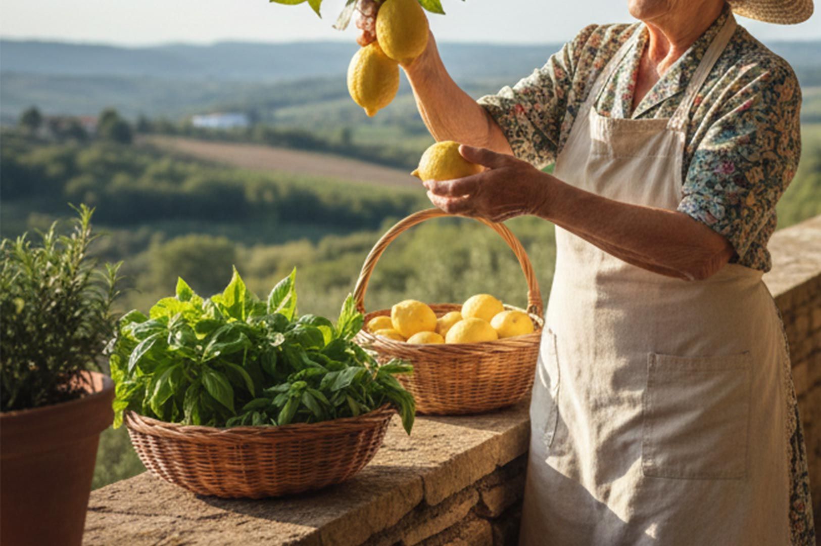 A woman in an apron harvesting bright yellow lemons into a wicker basket next to a large bowl of fresh green basil leaves.