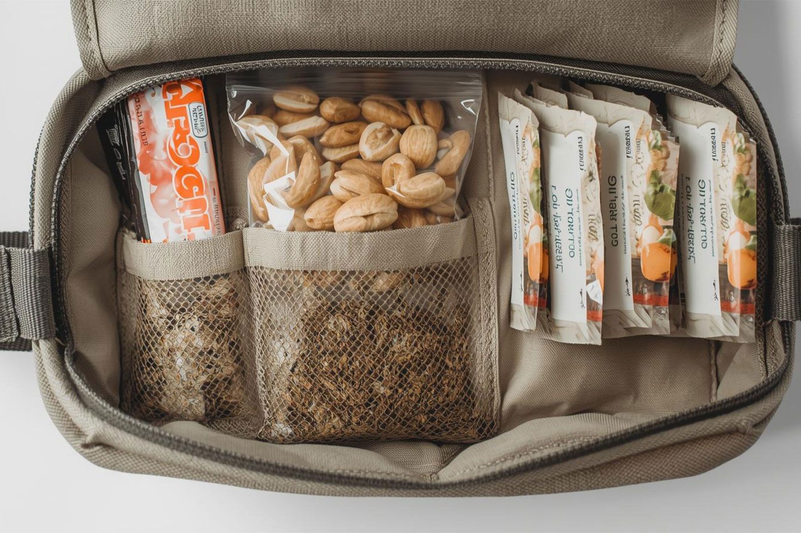 An open, organized travel pouch filled with healthy travel snacks, including a protein bar, a clear bag of nuts (likely almonds), and several packets of what appear to be instant oatmeal or coffee mixes.