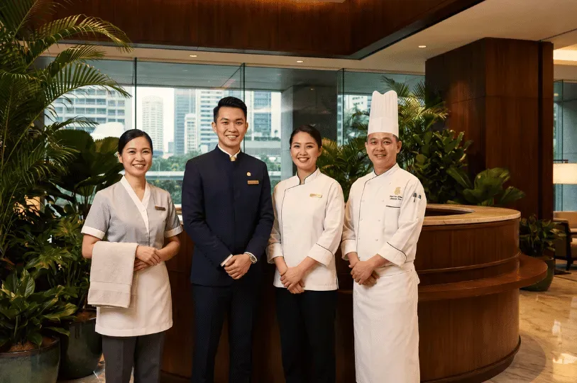 Four smiling luxury hotel staff members standing proudly side-by-side in a modern, wood-paneled lobby. From left to right, they represent different departments: a housekeeper holding a towel, a manager or concierge in a sharp navy suit, an employee in a white tunic, and an executive chef in a traditional toque.