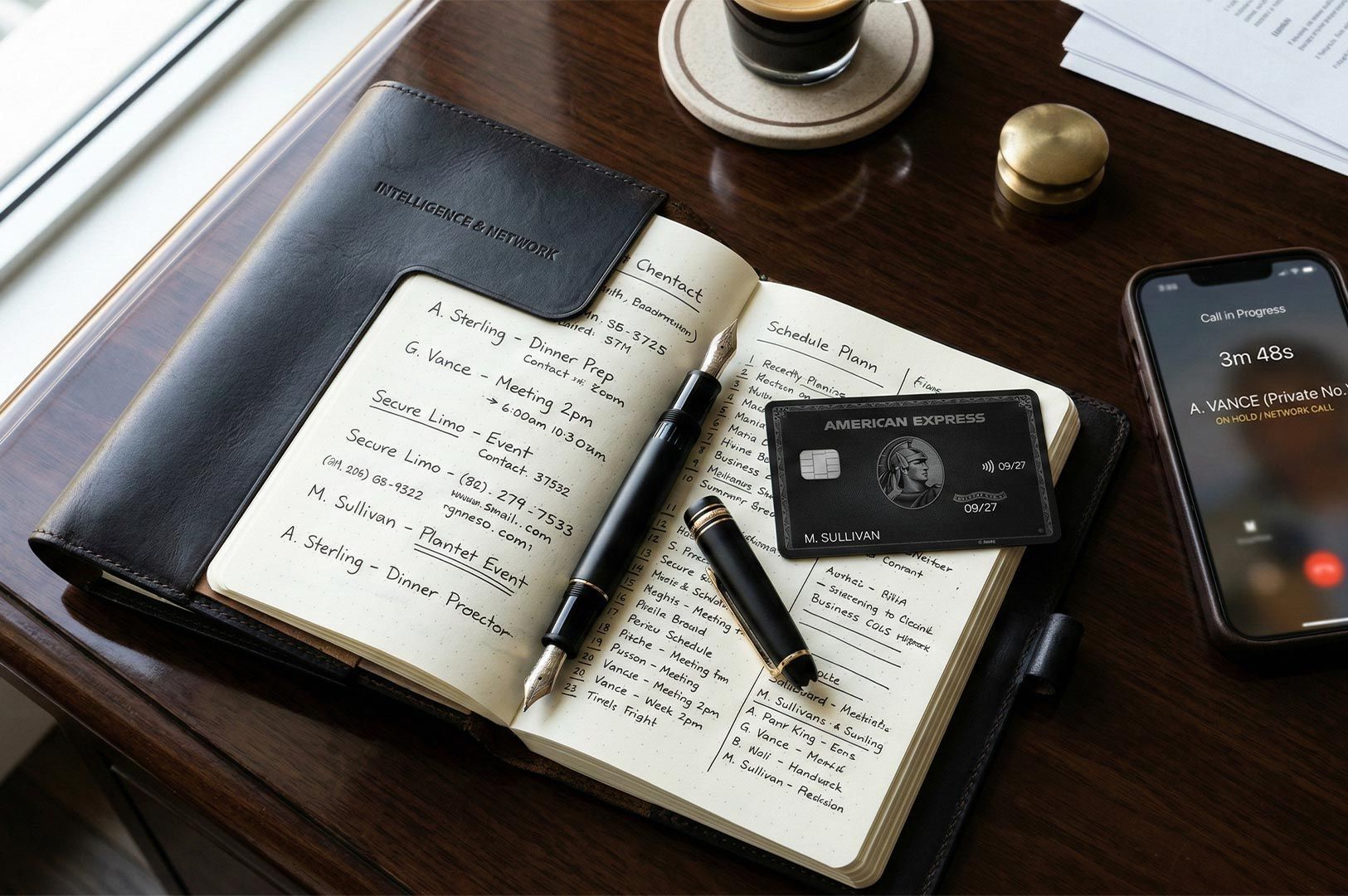 Top-down view of a leather planner with handwritten schedules, a fountain pen, and an American Express Centurion Black Card on a wooden desk.