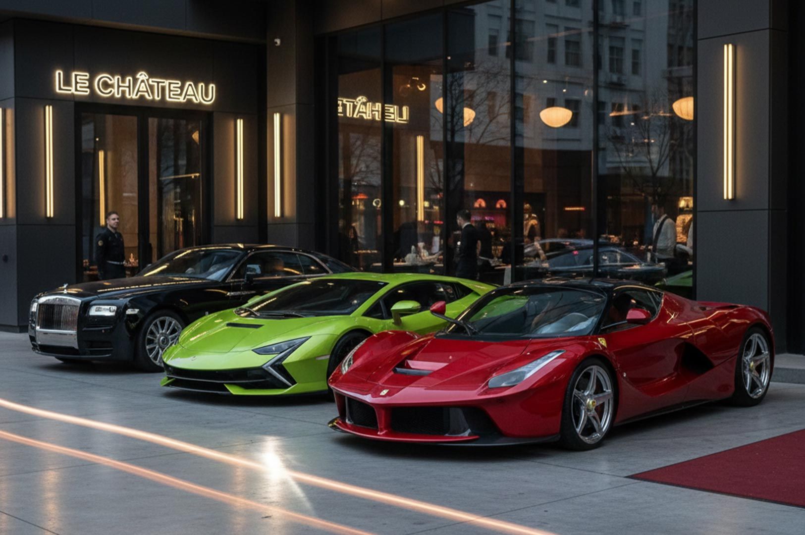A red Ferrari LaFerrari, a lime green Lamborghini, and a black Rolls-Royce parked outside the modern Le Château building.