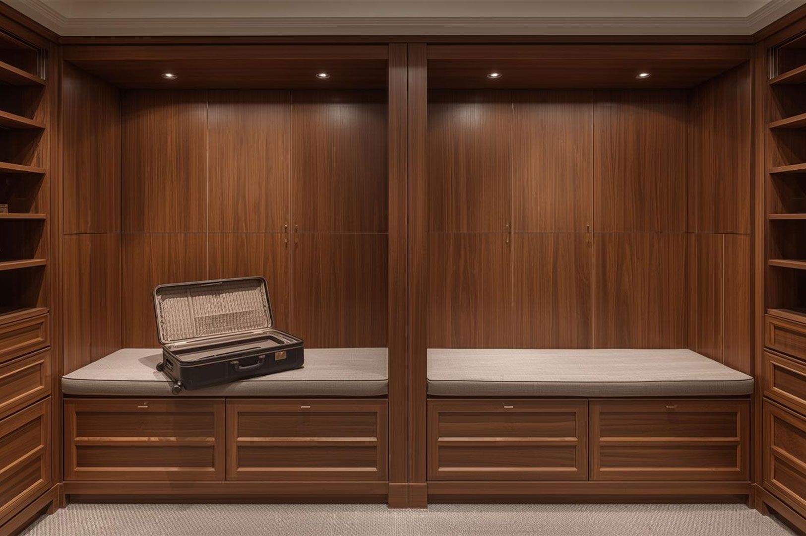 A spacious, symmetrical wooden walk-in closet featuring built-in shelving and drawers, with an open suitcase resting on a cushioned luggage bench.
