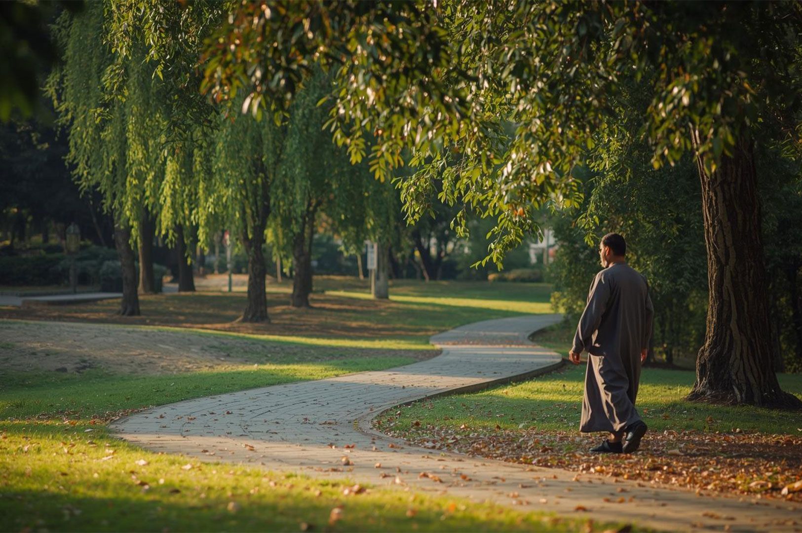 Full-body shot of a man wearing a long, dark robe or cloak, walking away from the camera down a winding, sun-dappled paved path in a lush green park surrounded by willow trees.
