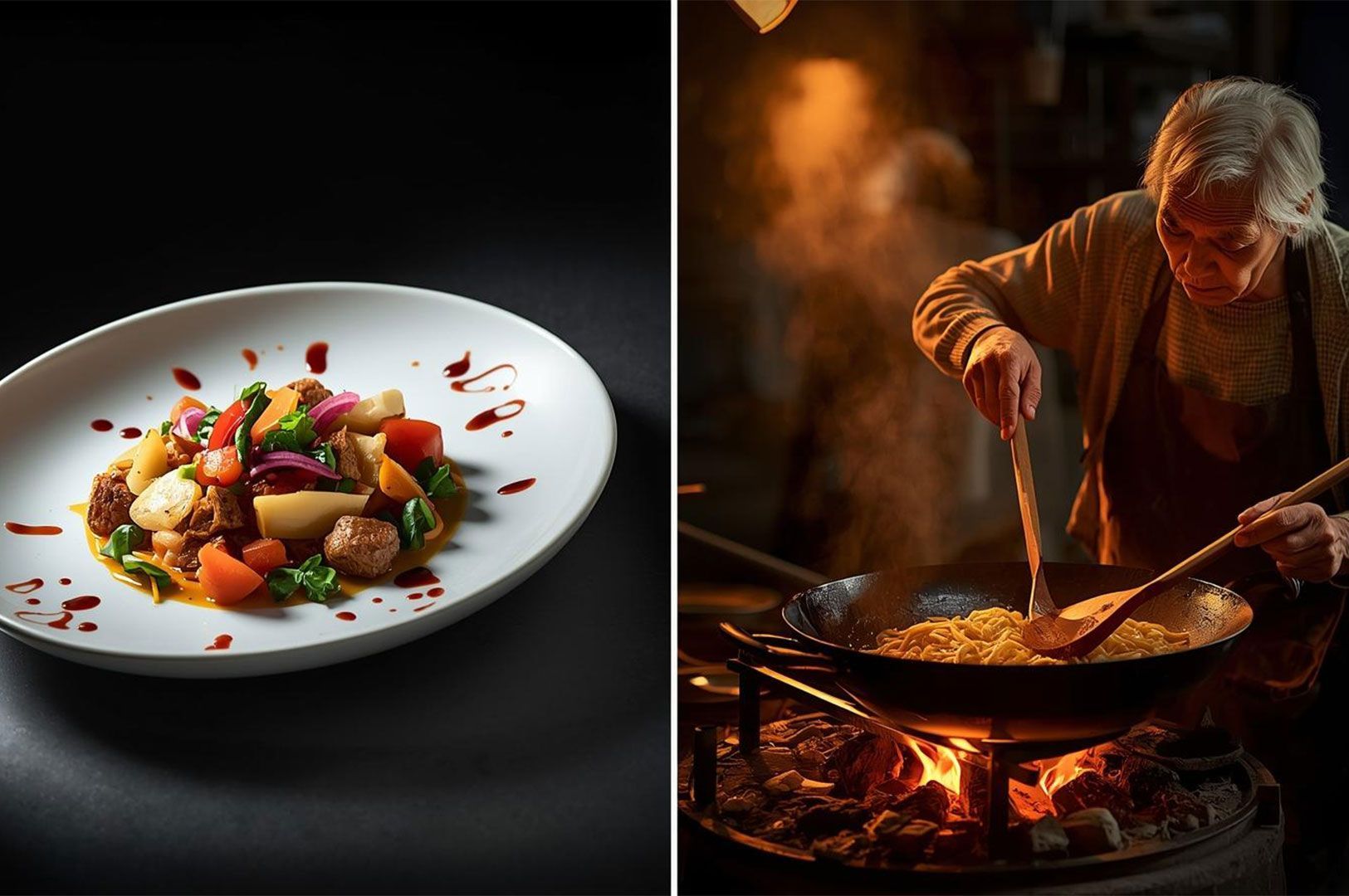 A split image contrasting a modern, artistically plated gourmet vegetable dish on the left with an elderly woman cooking food in a wok over a traditional open fire on the right.
