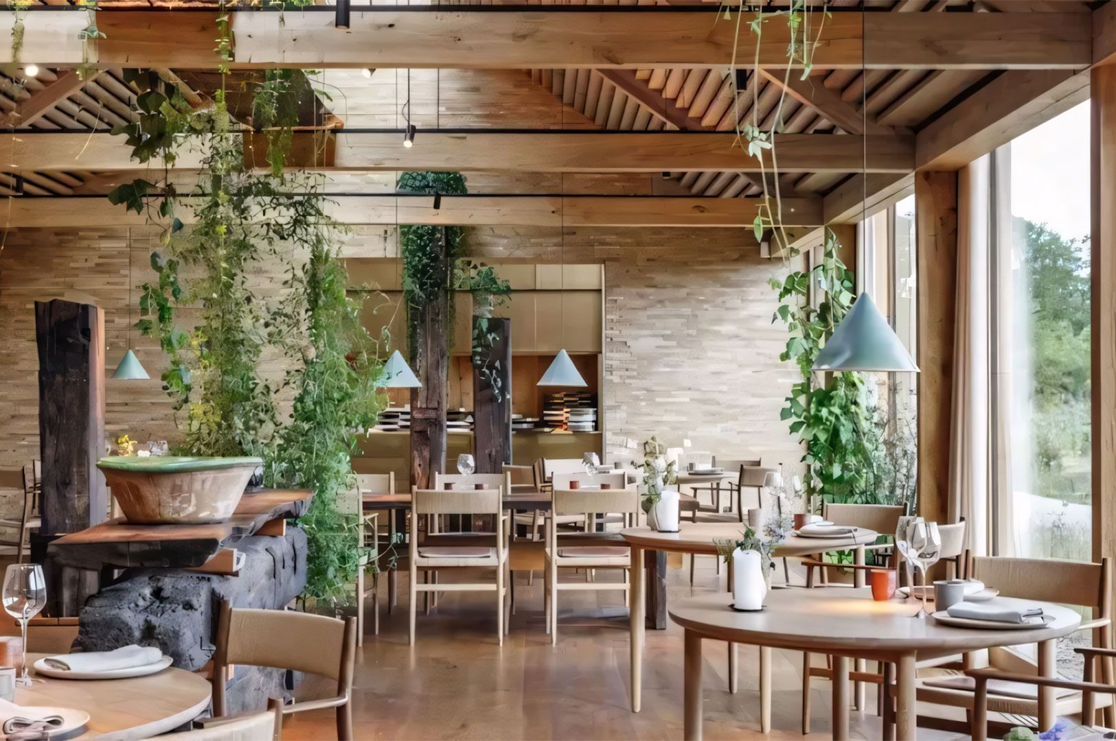 The light-filled, minimalist interior of Noma restaurant in Copenhagen, featuring raw wood beams, hanging greenery, simple round tables, and light-colored chairs.
