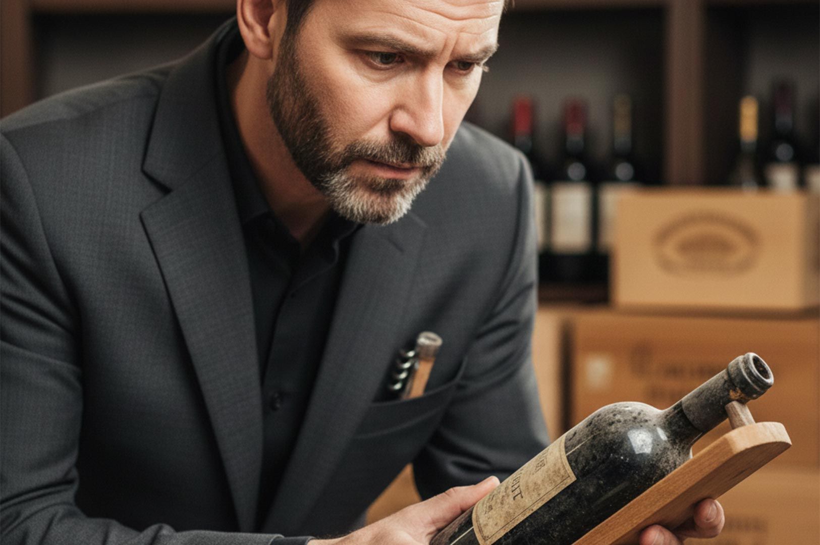 An expert sommelier in a suit carefully inspecting a dusty vintage wine bottle held in a wooden cradle within a wine cellar.