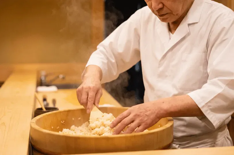 A sushi chef in a white uniform using a wooden paddle to carefully mix steaming, seasoned sushi rice inside a traditional wide wooden tub (hangiri), with soft plumes of steam rising to emphasize the fresh, precise temperature control of the rice.